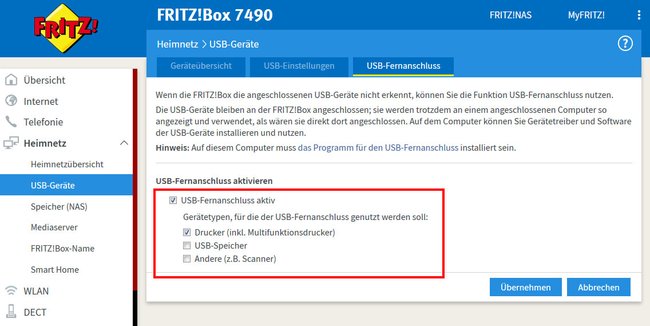 Fritzbox: Hier aktiviert ihr den USB-Fernanschluss.