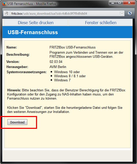 Fritzbox: Hier ladet ihr das USB-Fernanschluss-Programm herunter.