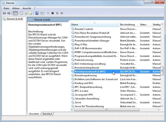 Remoteprozeduraufruf ist fehlgeschlagen: Dienste von Hand starten