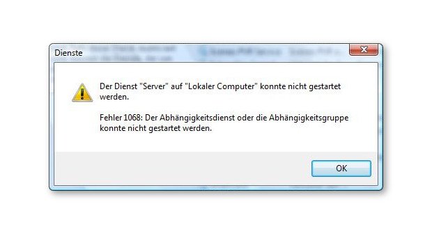 Fehler 1068: "Der Abhängigkeitsdienst oder die Abhängigkeitsgruppe konnte nicht gestartet werden"