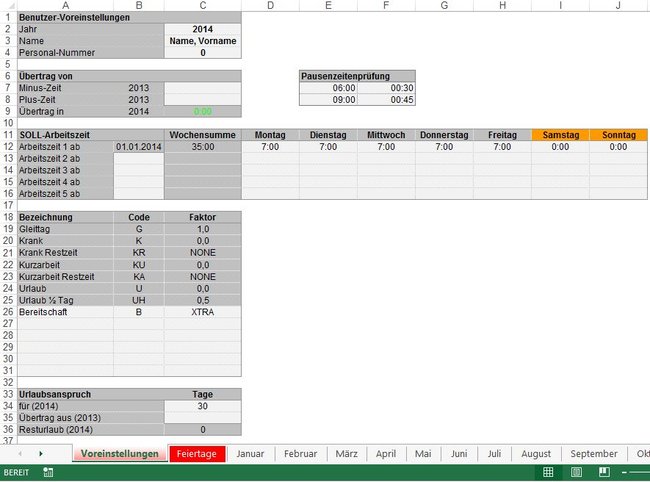 Arbeitszeiterfassung in Excel: Die Registerkarte "Voreinstellungen" ist der Einstieg in die Arbeitszeiterfassung