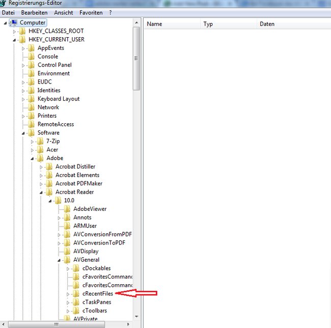Wer sich in der Windows Registry durch den Adobe-Ordner klickt, findet dort die Recent Files.