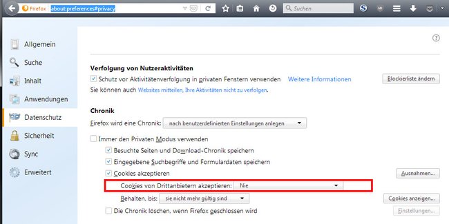 Hier deaktiviert ihr Drittanbieter-Cookies in Firefox