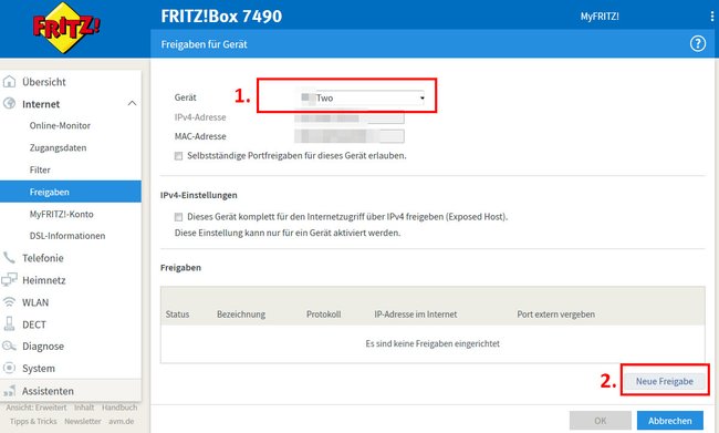 Hier könnt ihr für das ausgewählte Netzwerk-Gerät Ports in der Fritzbox freigeben.