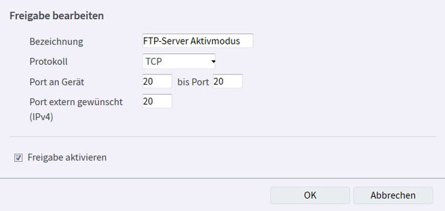 Hier richten wir den FTP-Aktivmodus für unser NAS am Port 20 ein.