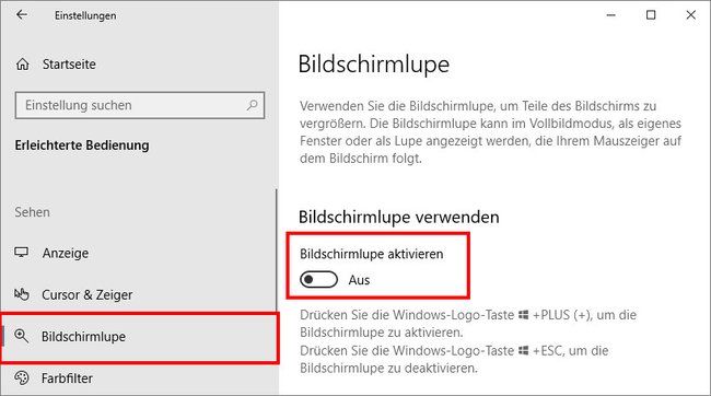 Hier deaktiviert ihr die Bildschirmlupe in Windows 10. Bild: GIGA