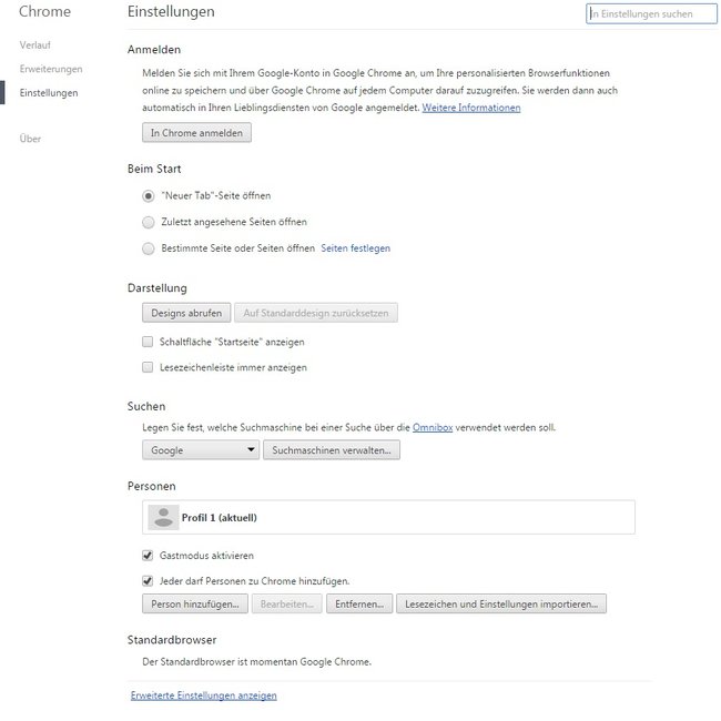Chrome - Erweiterte Einstellungen anzeigen