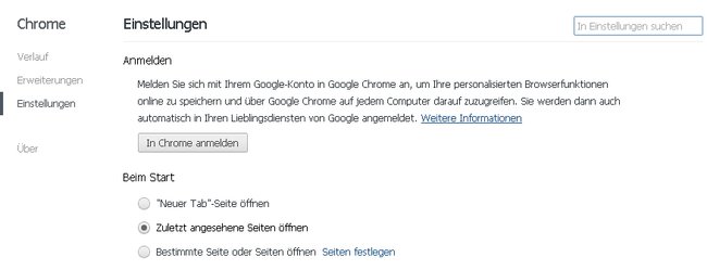 Chrome - letzte Seiten automatisch öffnen