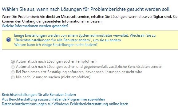 Einstellungen für Problemberichterstattung