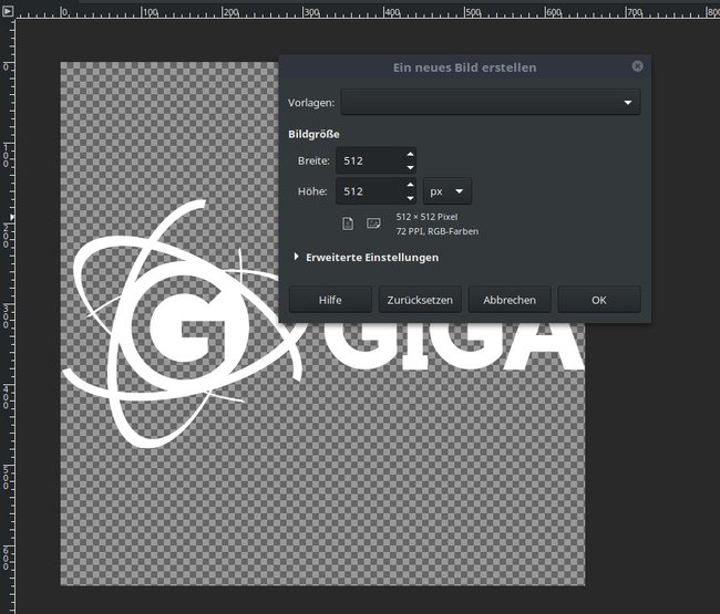 Erstellt ein neues Bild mit 512 x 512 Pixeln. Bild: GIGA