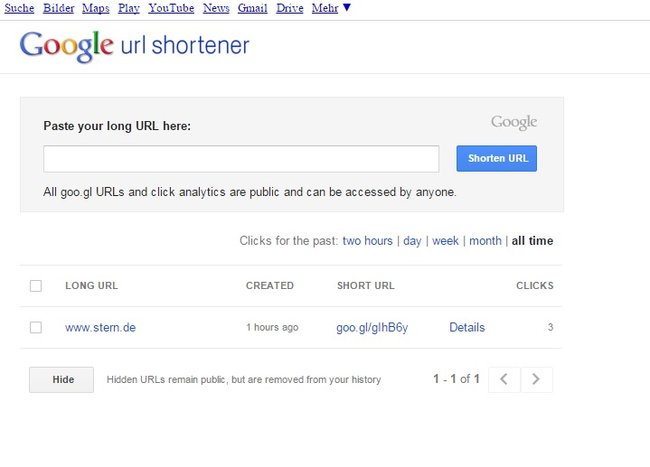 Google speichert die verkürzten URL und bietet Statistiken zu ihrer Nutzung an.