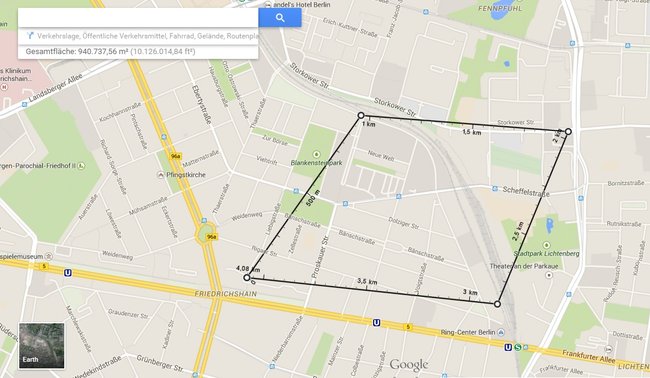 Google Maps: Luftlinien können zwischen mehreren Punkten berechnet werden und auch Flächen werden angezeigt.