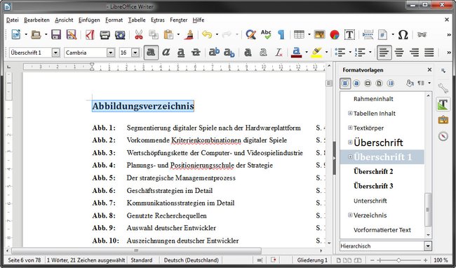 LibreOffice: Formatiert erst die Überschriften mit Formatvorlagen, bevor ihr ein Inhaltsverzeichnis einfügt.