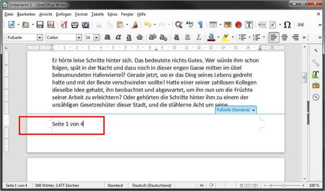 LibreOffice: Ein Dokument mit fortlaufender Seitenzahl und Seitennummer.