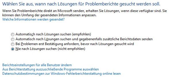 Problemberichterstattung ausschalten