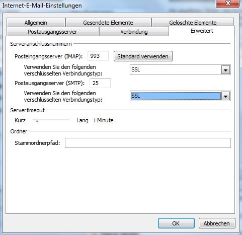 Im Reiter "Erweitert" müssen unterschiedliche Ports gewählt werden, je nachdem ob IMAP oder POP3 eingerichtet wird.