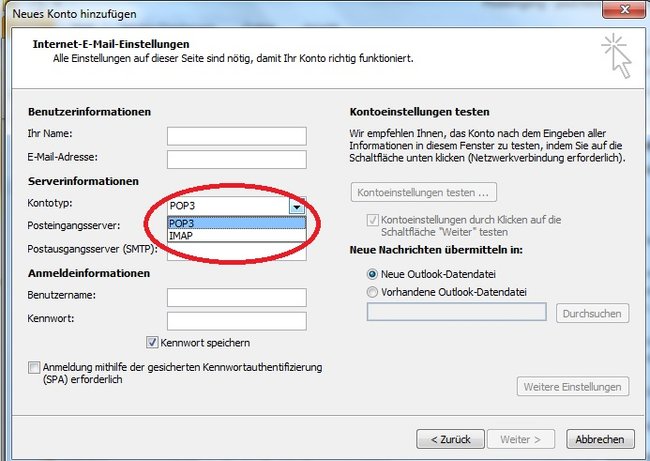 Die Einrichtung für POP3 und IMAP unterscheidet sich nur in wenigen Einstellungen.