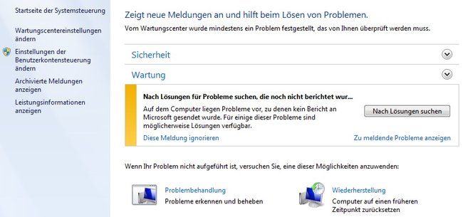 Wartungscenter in Windows 7