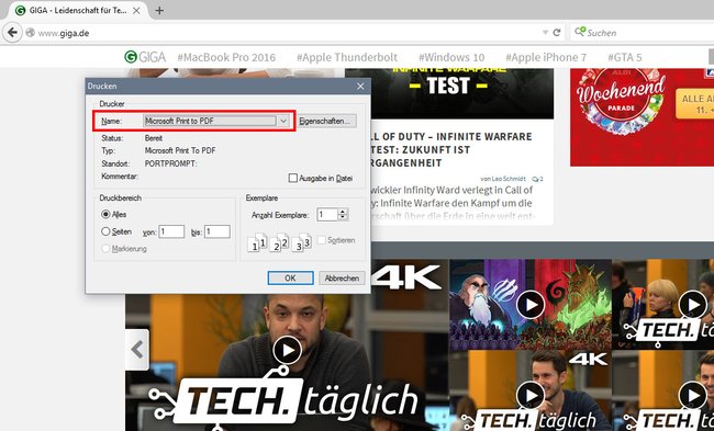 In Windows 10 druckt ihr die Webseite und stellt diesen PDF-Drucker ein.