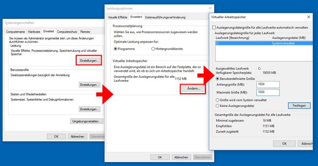 Windows 10: Hier stellt ihr die Größe der Auslagerungsdatei ein oder deaktiviert sie.