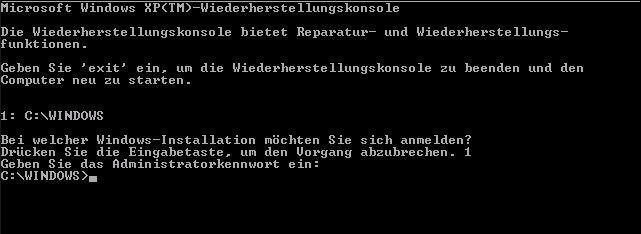 Hier könnt ihr Windows XP per Wiederherstellungskonsole (Kommandozeile) reparieren.