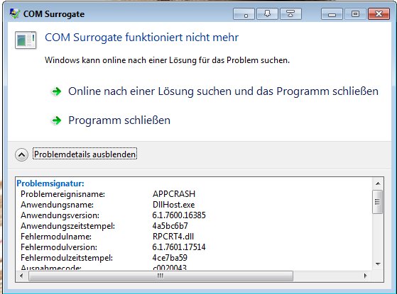 Hier hat ein COM-Objekt den COM-Surrogate-Prozess zum Abstürzen gebracht
