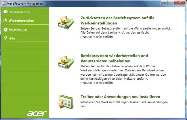 Über das Acer Recovery Management kann das ganze Betriebssystem, können aber auch einzelne Treiber neu installiert werden.