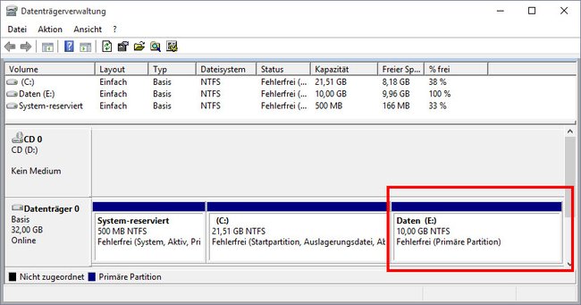 Datenträgerverwaltung: Die neue Partition wurde als Laufwerk E erstellt. Bildquelle: GIGA