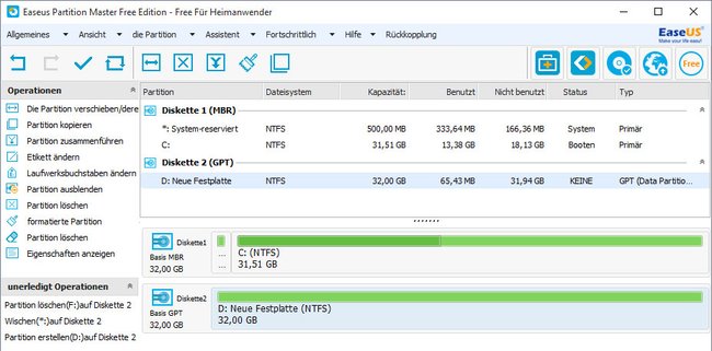 Mit dem kostenlosen Tool Easeus Partition Master könnt ihr Partitionen klonen.