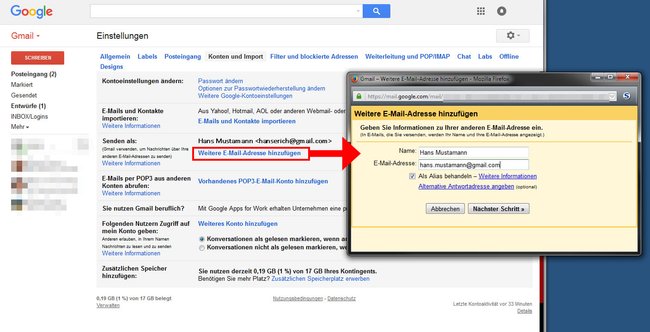 Gmail-Einstellungen: Im alten Konto fügt ihr die neue Gmail-Adresse hinzu.