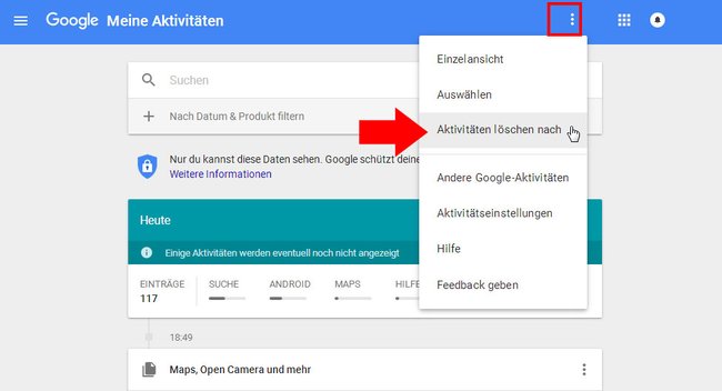 Klickt hier, um nur den Google-Maps-Verlauf zu löschen