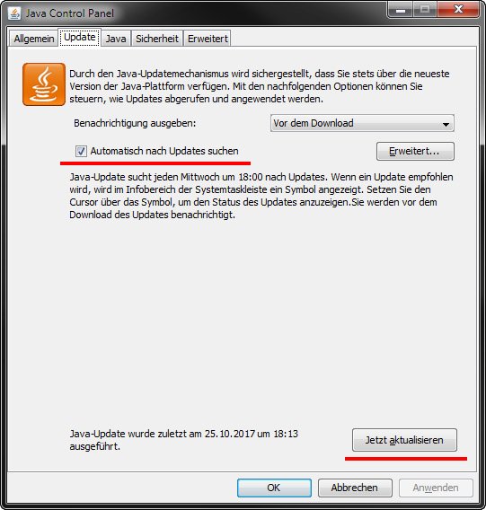 Hier stellt ihr das Auto-Update für Java ein