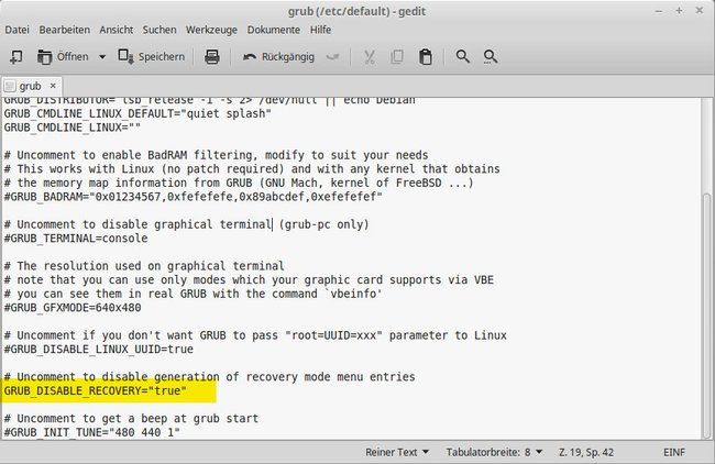 Linux: Die Raute vor dem Grub-Eintrag wurde entfernt.