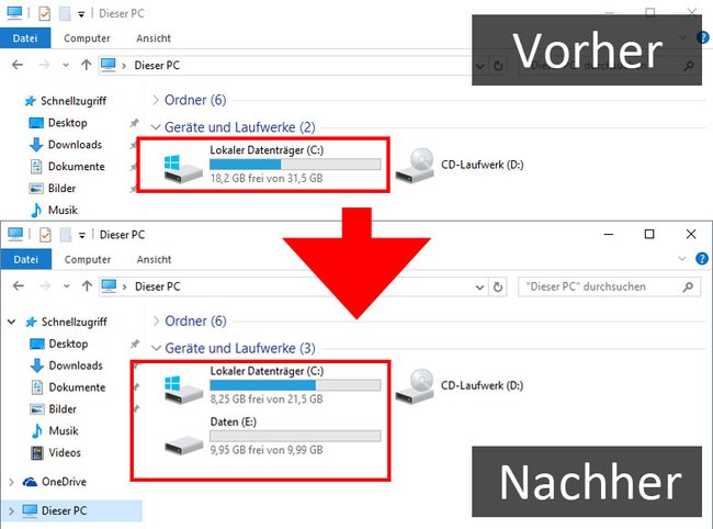 Windows: Aus der C-Partition wurde eine weitere Partition erstellt. Bildquelle: GIGA