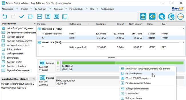 Easeus Partition Master: Hier wählt ihr die Partition aus, die geklont werden soll.