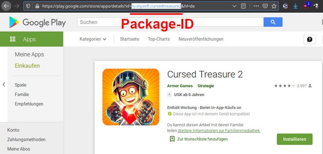 Hier seht ihr die Package-ID des Spiels „Cursed Treasure 2“ im Google Play Store. Bild: GIGA