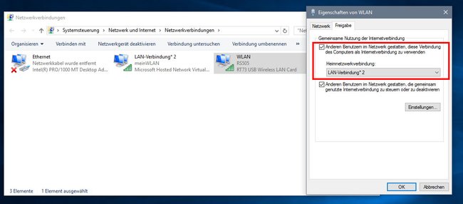 Windows 10: Eure Internetverbindung müsst ihr für das Hotspot-Netzwerk noch freigeben.