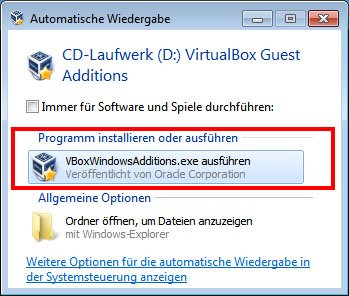 Die Virtualbox Guest Additions installiert ihr mit "VBox WindowsAdditions.exe ausführen".