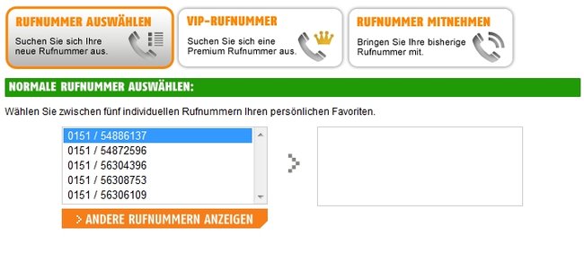 In diesem Fall wurden uns nur Telekom-Nummern angeboten // Rufnummer-Wahl Klarmobil