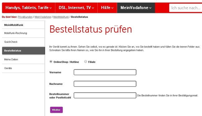 Vodafone-Bestellstatus prüfen