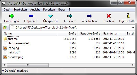 Eine XPI-Datei ist im Packprogramm 7zip geöffnet.