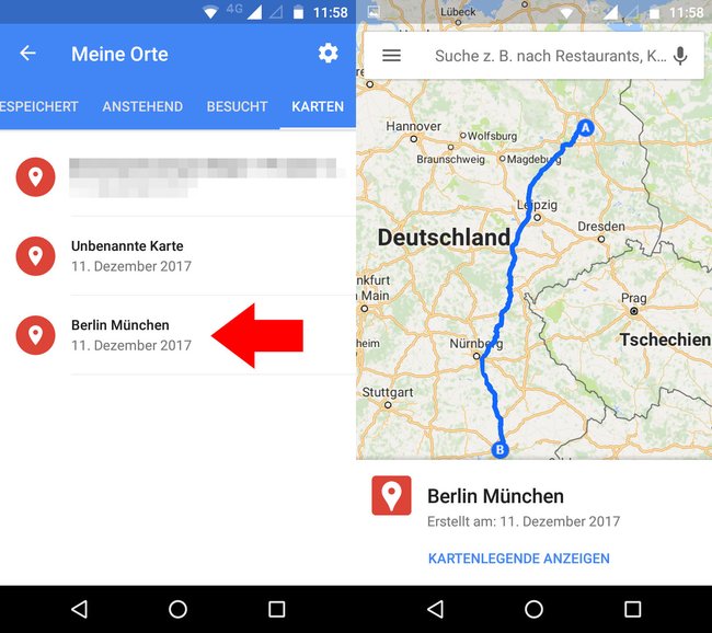 Die gespeicherten „Google Maps“-Routen könnt ihr in der Google Maps App jederzeit schnell abrufen. Bild: GIGA