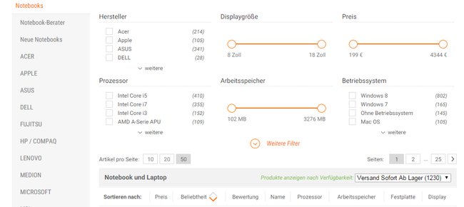 Notebooksbilliger.de: Hier stellt ihr die Laptop-Bedingungen ein.