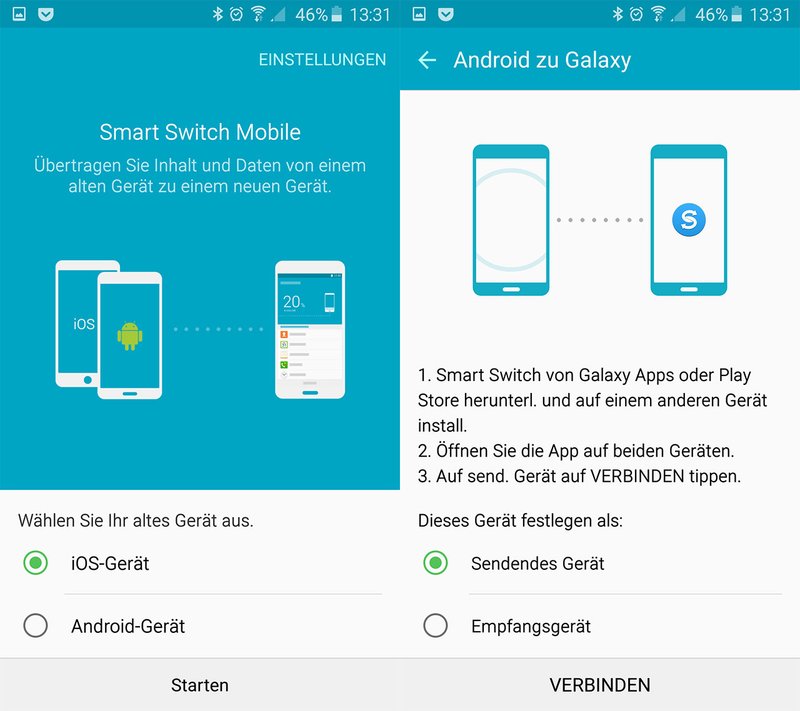Smart Switch Mobile: Hier wählt ihr etwa Android- und das Empfangsgerät aus.