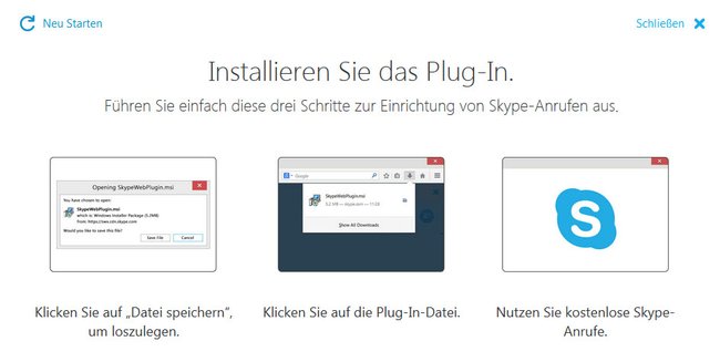 Skype will ein Plugin installieren, damit Video- und Audio-Anrufe über den Browser funktionieren.