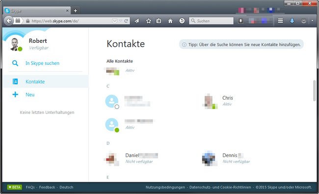 Skype for Web: So sieht Skype im Browser aus.