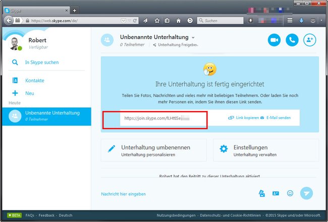 Skype im Browser: Über den Link könnt ihr andere zum Gespräch einladen.