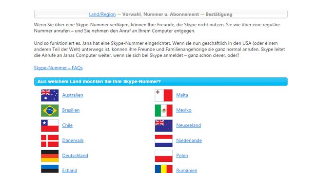Man kann Skype-Telefonnummern mit beliebiger Landesvorwahl auswählen - in einigen Ländern ist der Nummernerwerb an Voraussetzungen geknüpft.
