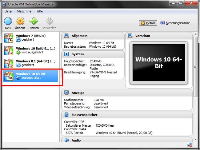 Virtualbox mit Windows 10