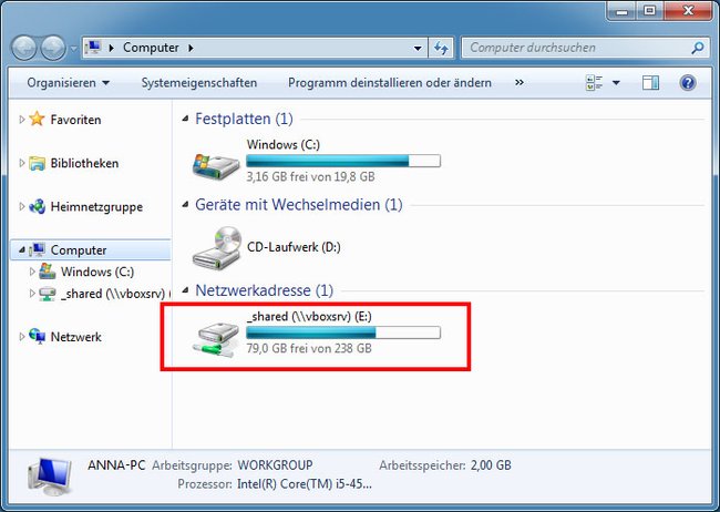 Der gemeinsame Ordner "_shared" wurde in der virtuellen Maschine eingerichtet.